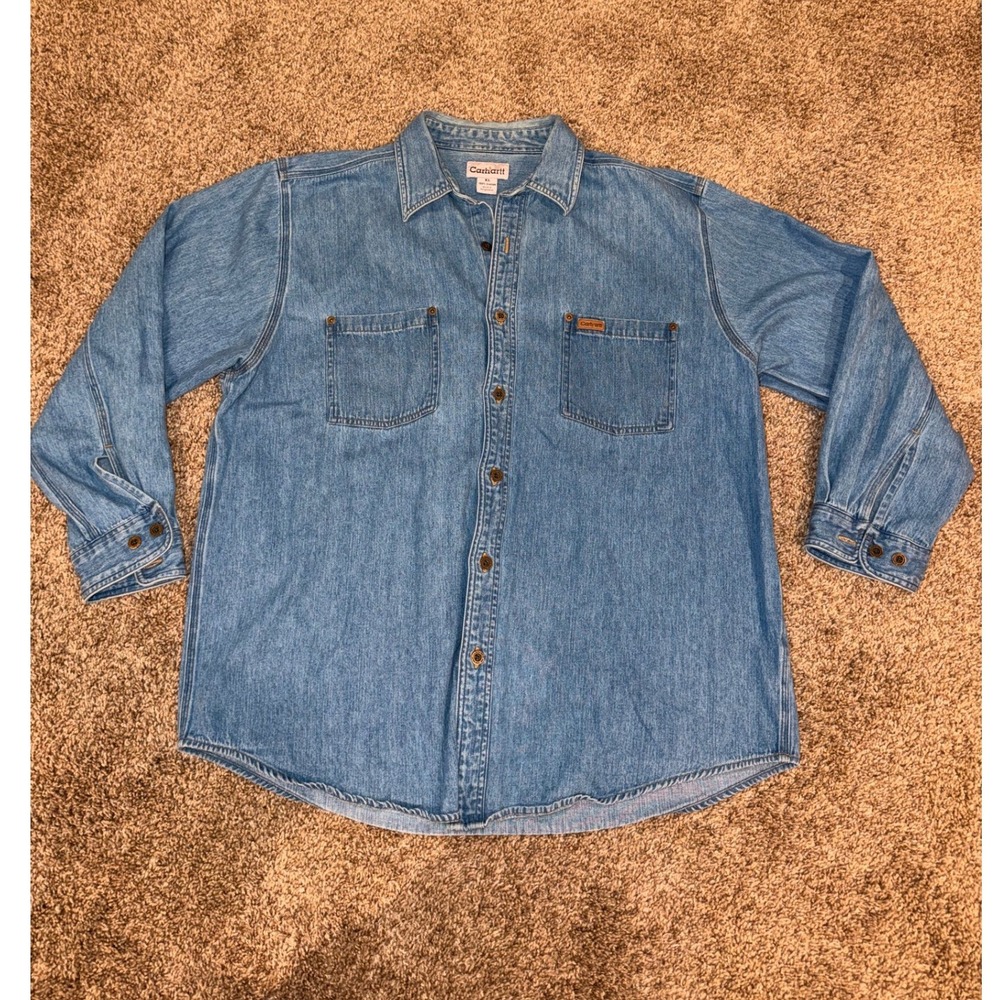 Carhartt Mens XL Denim Button Down Shirt Long Sleeve Blue Workwear Cotton (725)